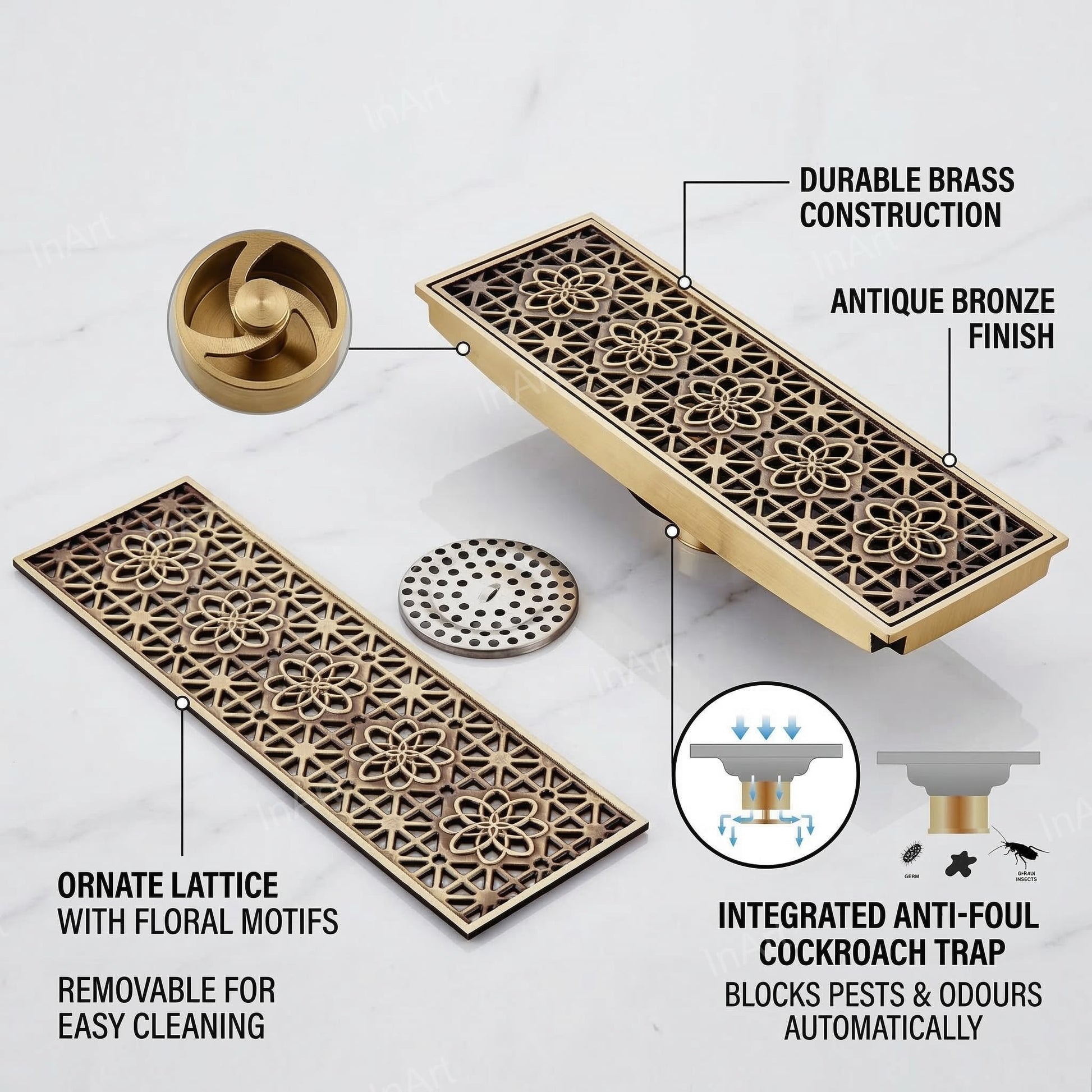 InArt antique brass floor drain jali with cockroach trap, square bronze finish, angled view