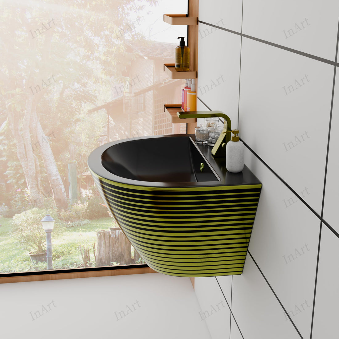 Cera half pedestal wash basin by InArt, ceramic rectangular wall hung sink in black with gold stripes