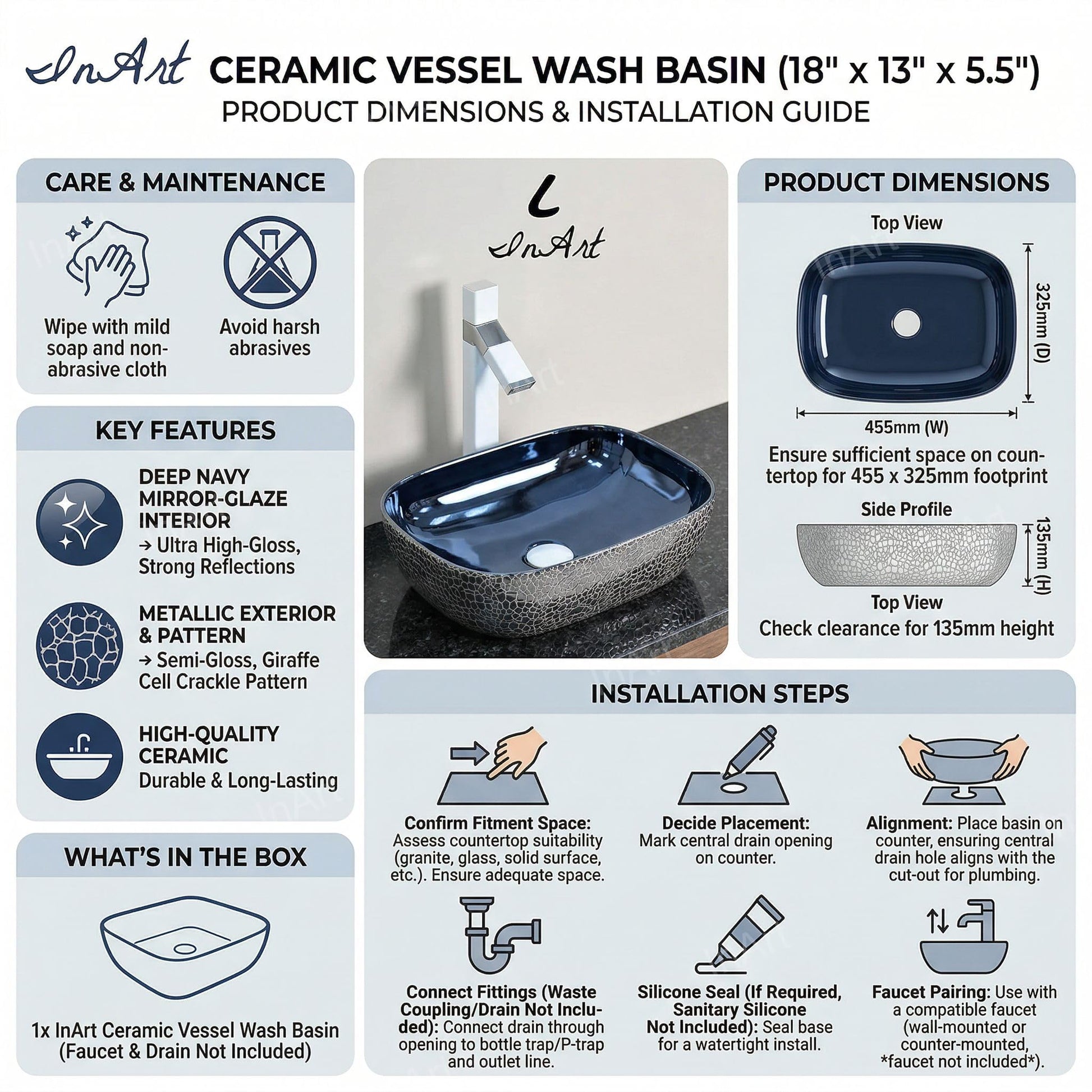 InArt above counter wash basin in glossy blue, 18x13 inch rectangular ceramic basin for washroom counter