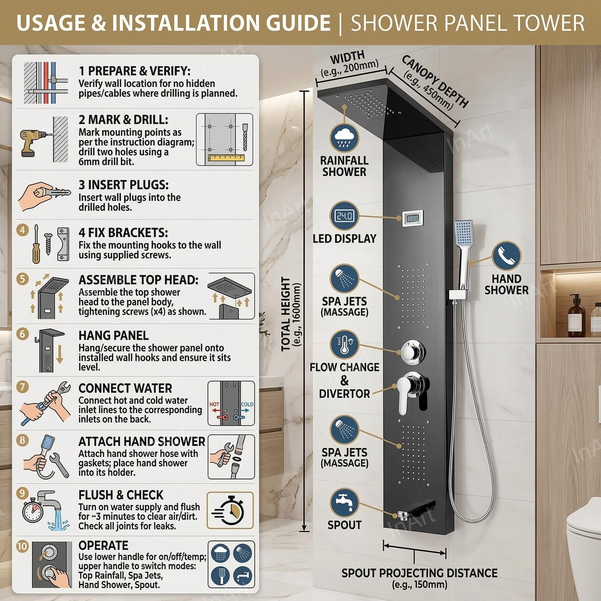InArt black shower panel for bathroom with hand shower, hose and holder, 304 stainless steel