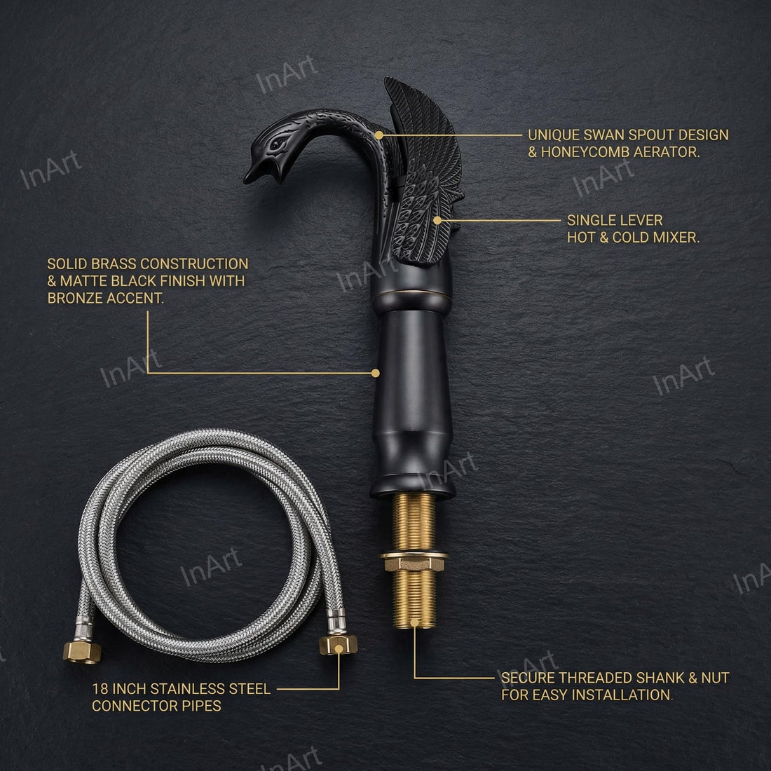 InArt hot and cold water mixer for wash basin, matte black brass swan neck basin pillar tap 12 inch