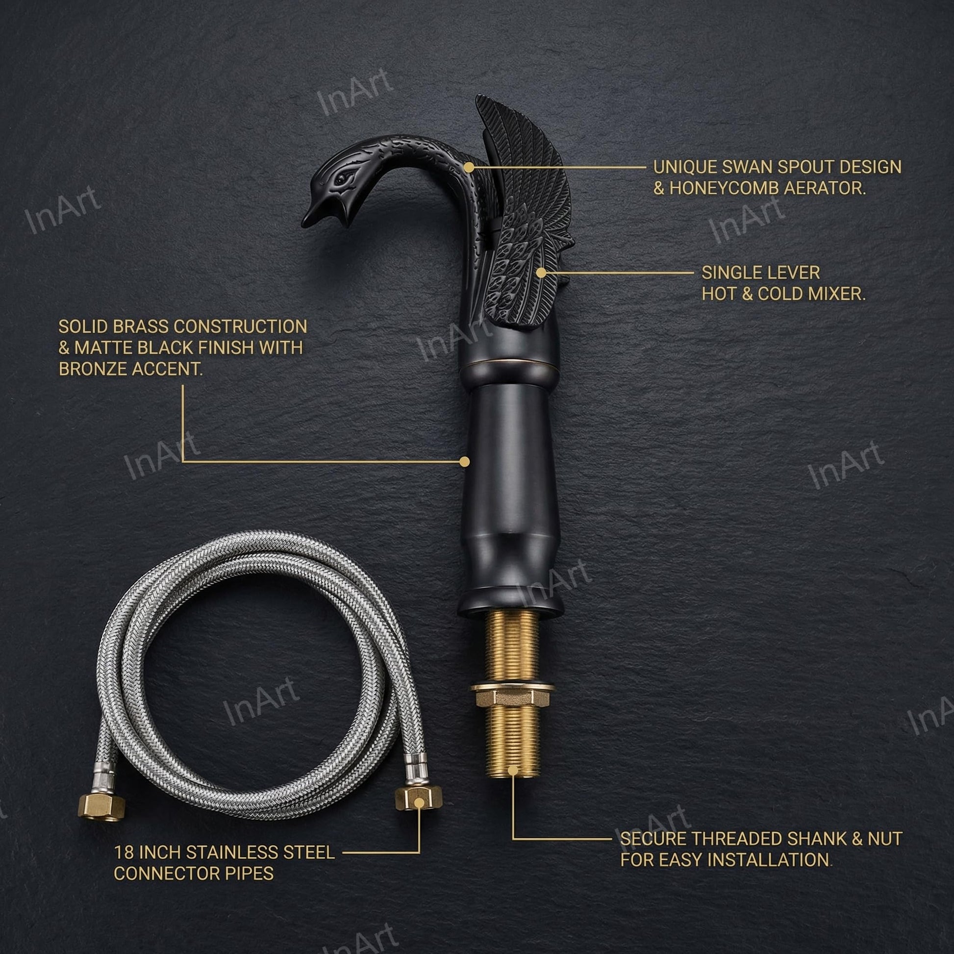 Matte black basin pillar tap, high neck swan mixer for wash basin, side angle view for modern bathroom