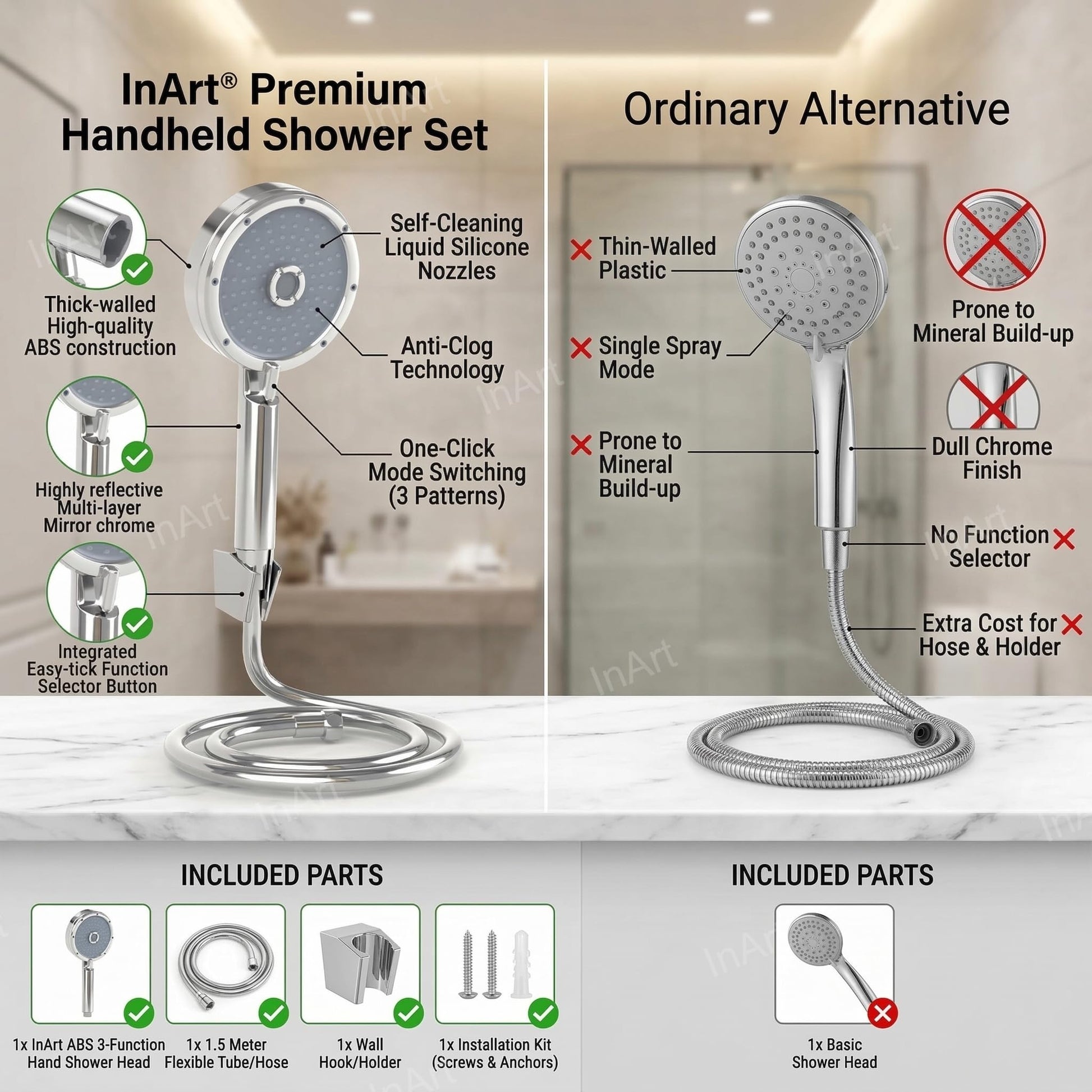 InArt hand shower faucet style attachment for bath mixers with hand shower, round chrome ABS design