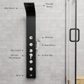 Hand shower and hose detail on black shower column, multi function shower panel for bathroom use