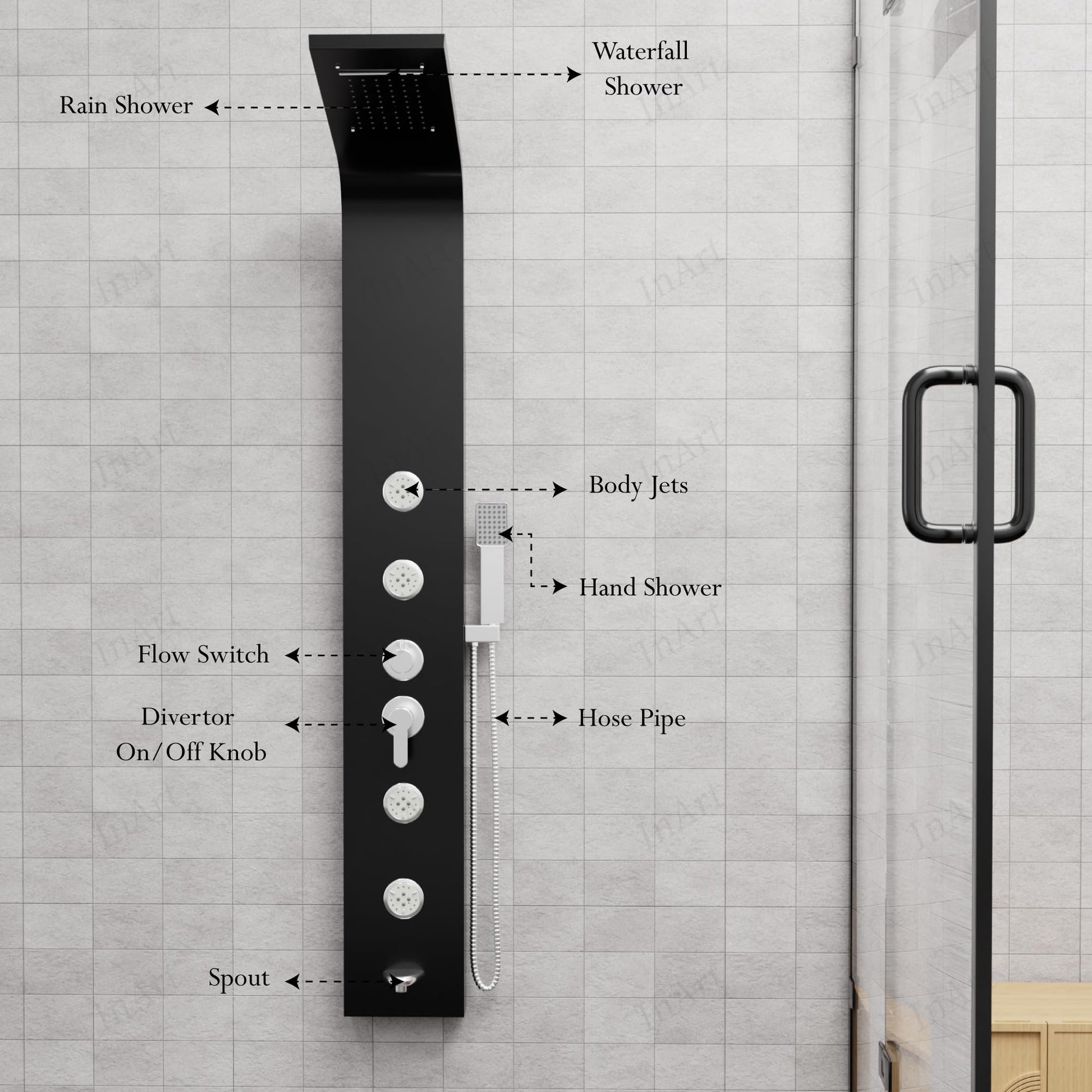 Hand shower and hose detail on black shower column, multi function shower panel for bathroom use