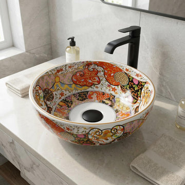 Round ceramic table top wash basin in matt white and orange, 40x40x14 cm