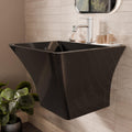 Close-up of polished black ceramic designer wash basin slim rim, premium sanitaryware finish detail