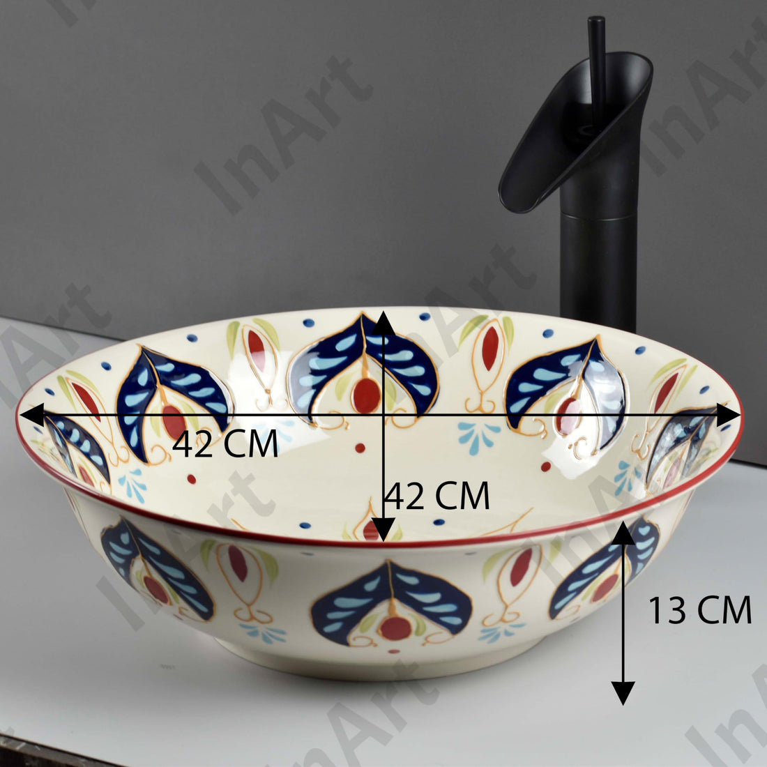 InArt ceramic table top wash basin design, round 42cm art beige blue, main front view