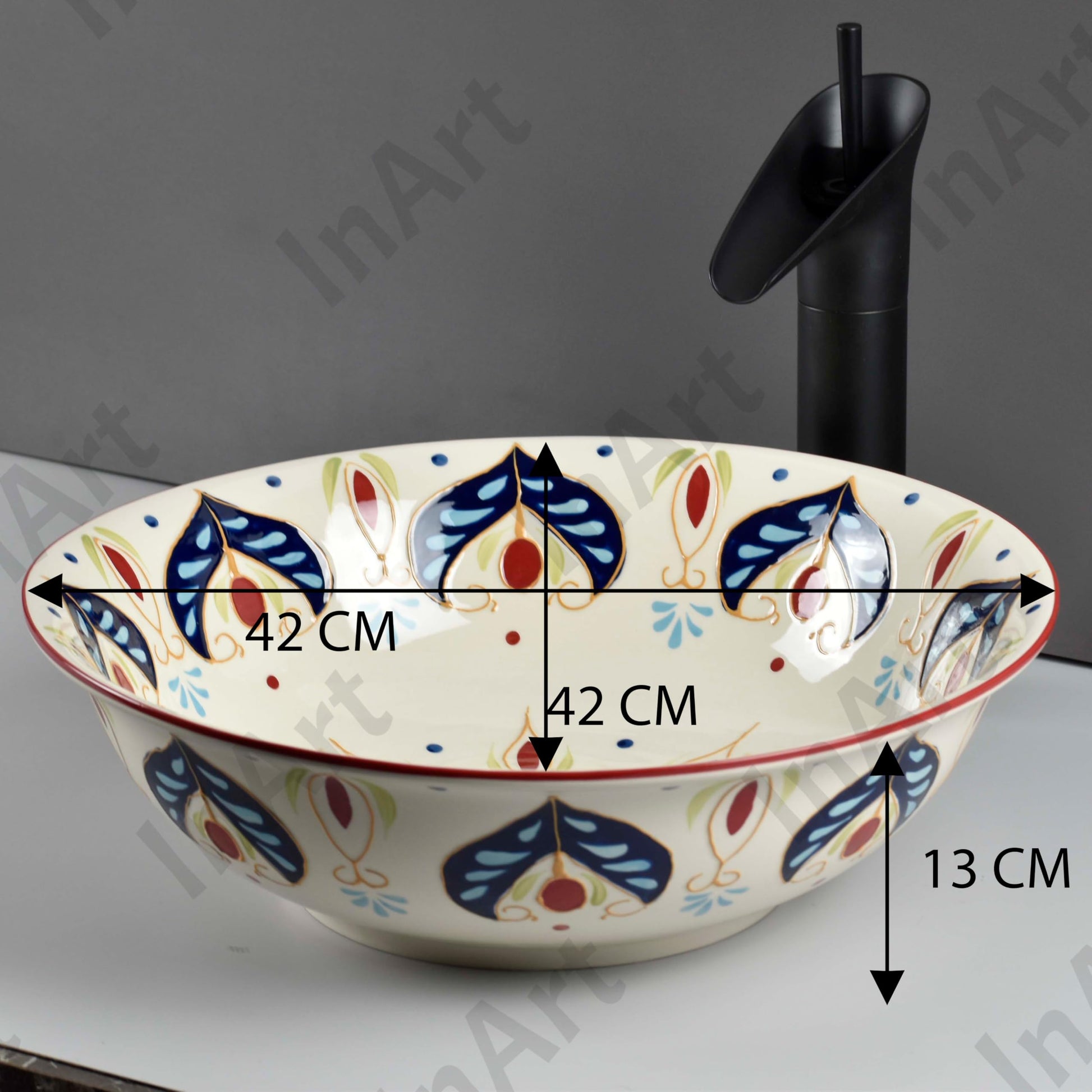 InArt designer table top basin design in art beige blue ceramic, round wash basin angled view