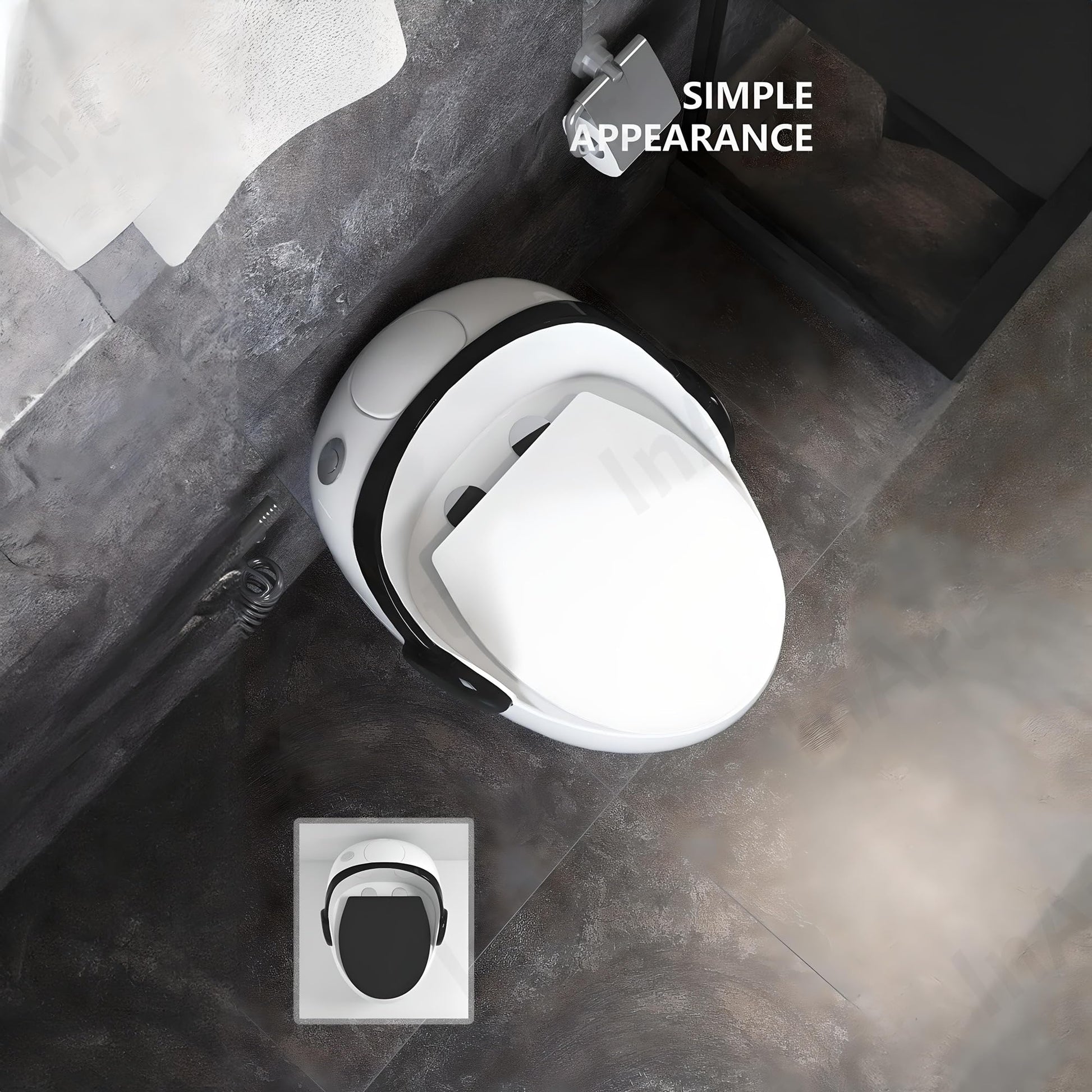 Compact western toilet for small bathroom, egg shape ceramic commode in glossy white and black, top view