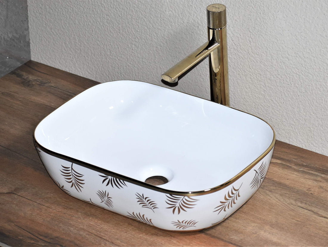 Luxury wash basin by InArt, glossy golden ceramic rectangular table top wash basin for bathroom