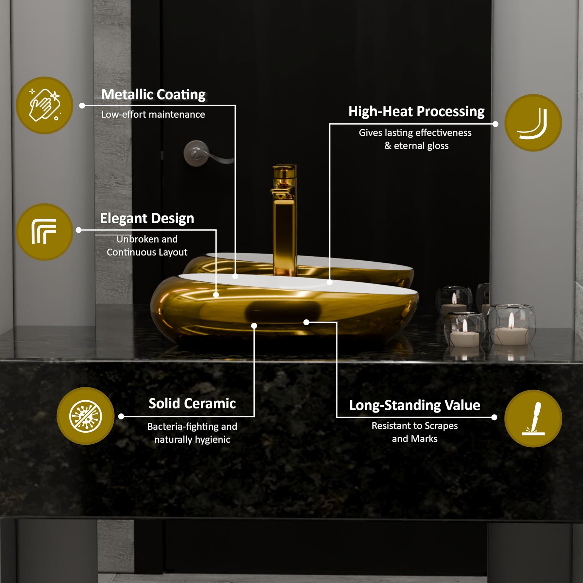 Contemporary wash basin with glossy white finish and gold rim, side angle table top basin design