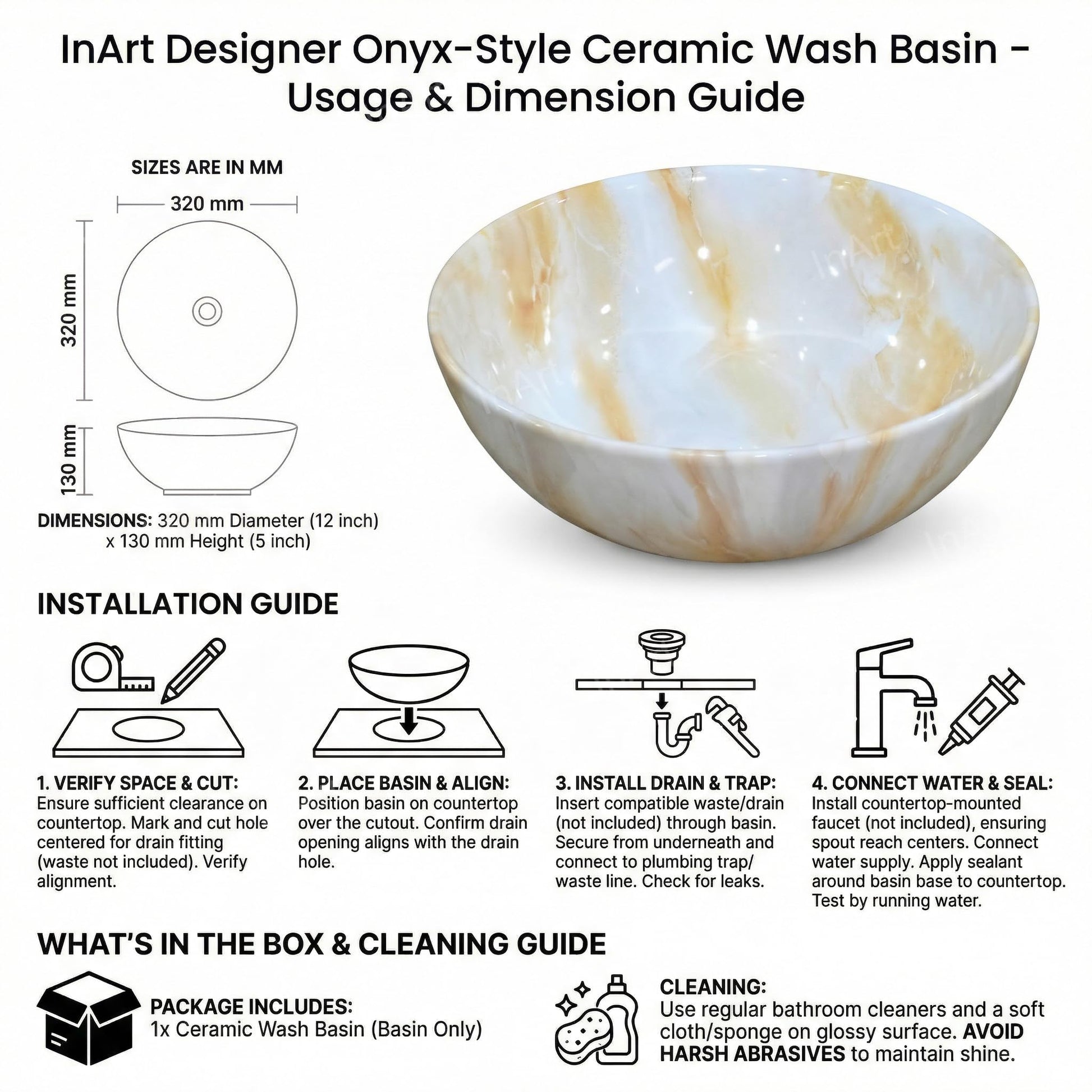 InArt tabletop washbasin for washroom, compact 12x12 inch round ceramic basin top view