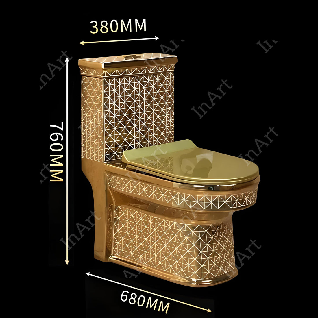 Cera single piece commode by InArt in gold ceramic, elongated one piece western toilet front view