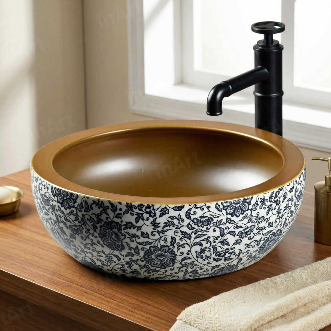 InArt ceramic wash basin designs in square tabletop style, multicolour Moroccan glazed finish, 16 inch