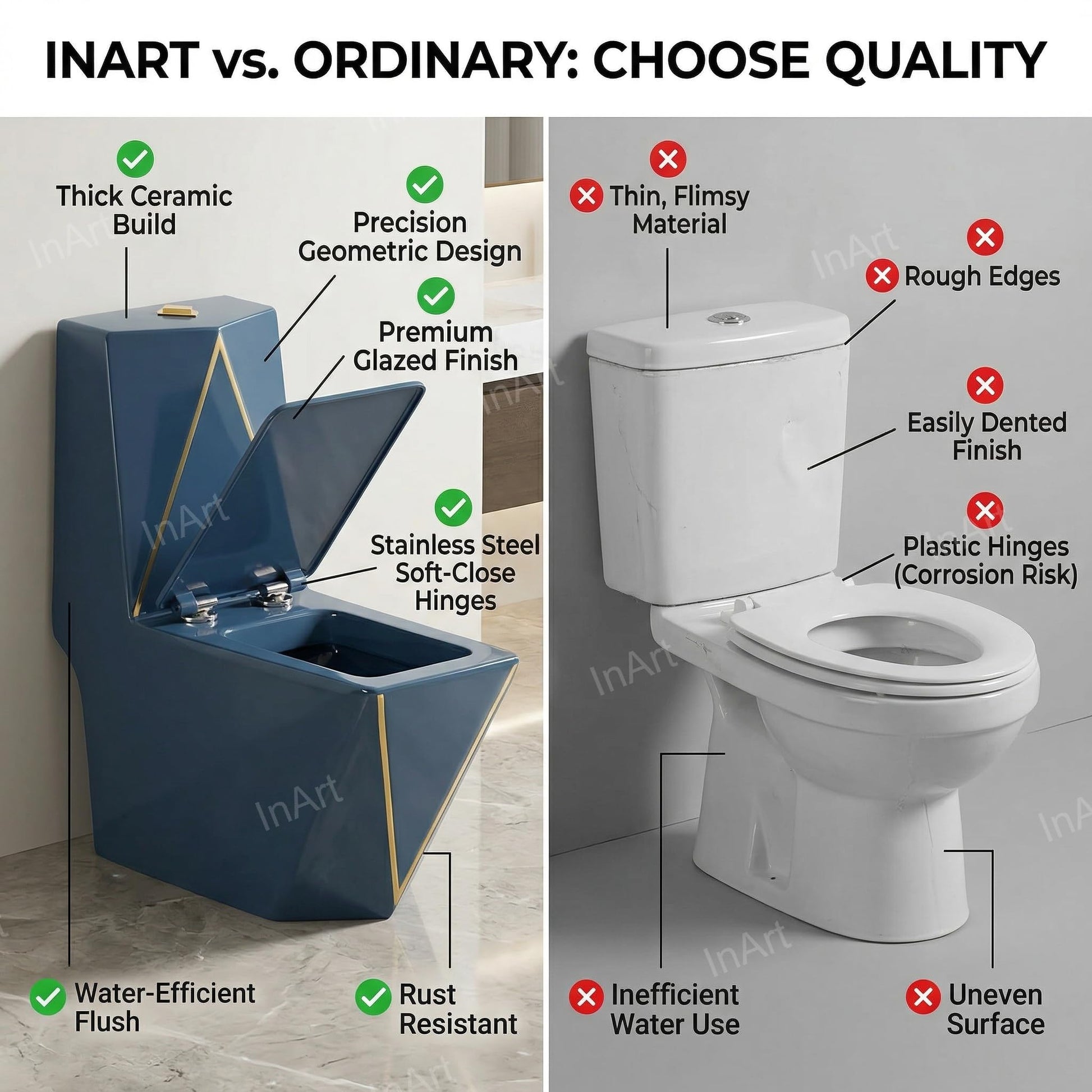 Ceramic one piece western toilet for Indian washroom, floor mounted S trap EWC with soft close seat, blue