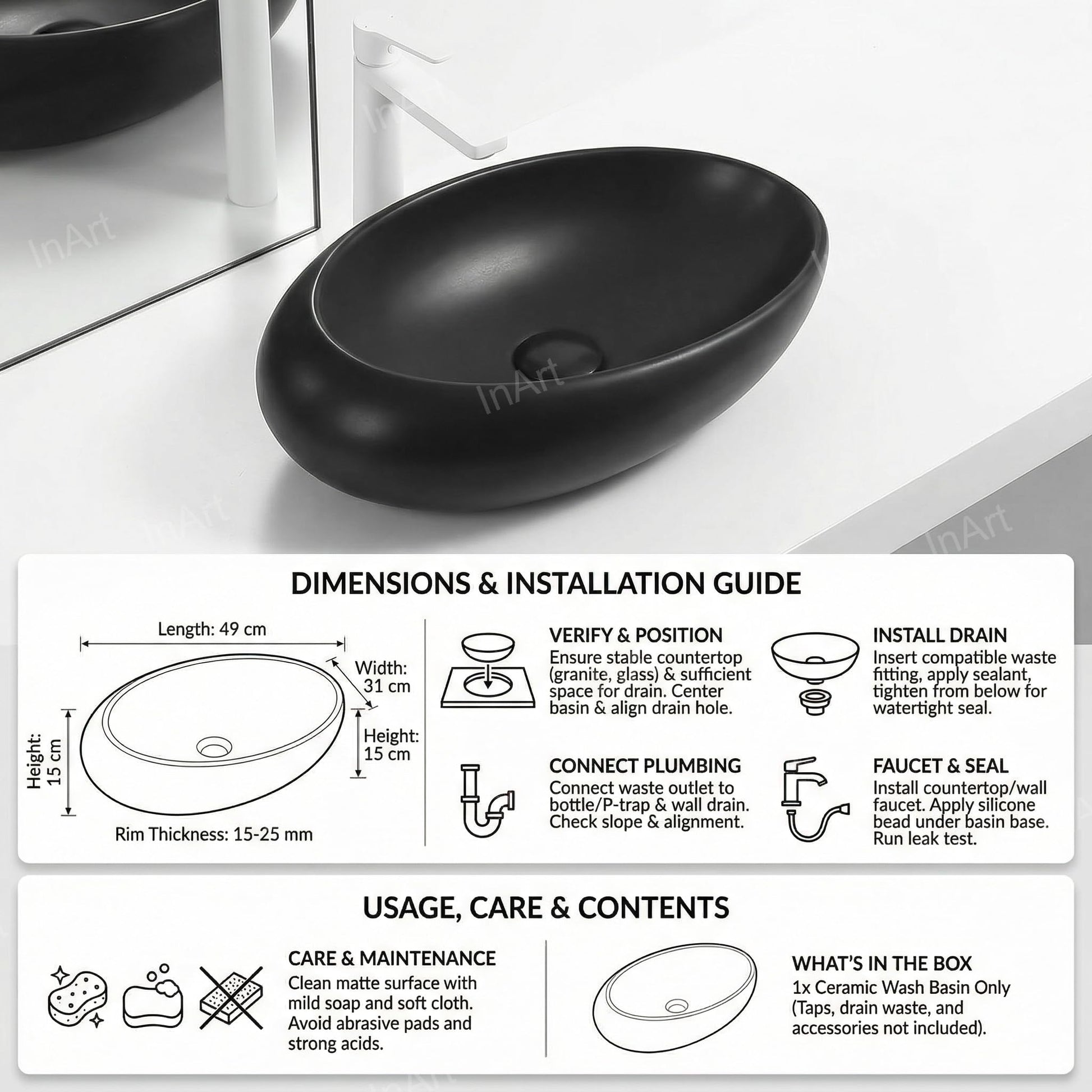 InArt ceramic counter top wash basin black, size 49x31x15 cm, ideal for bathroom or living room wash area
