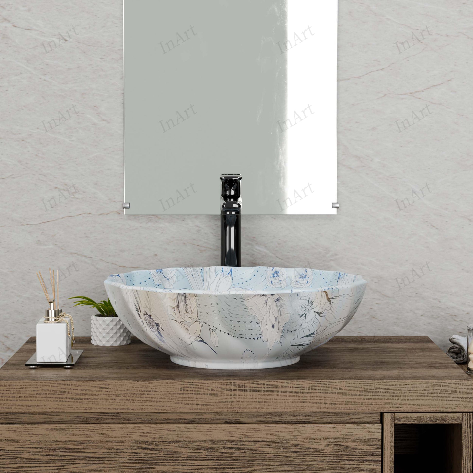 InArt designer ceramic wash basin table top, round light blue glossy finish, angled side view