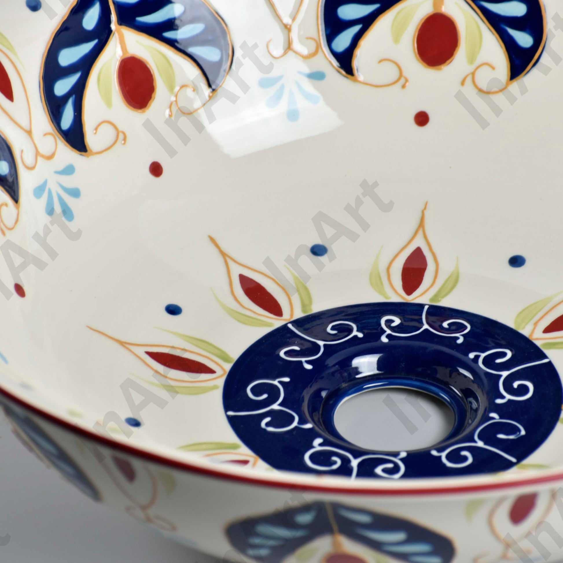 Designer table top wash basin for dining room wash area, art beige blue ceramic round basin lifestyle