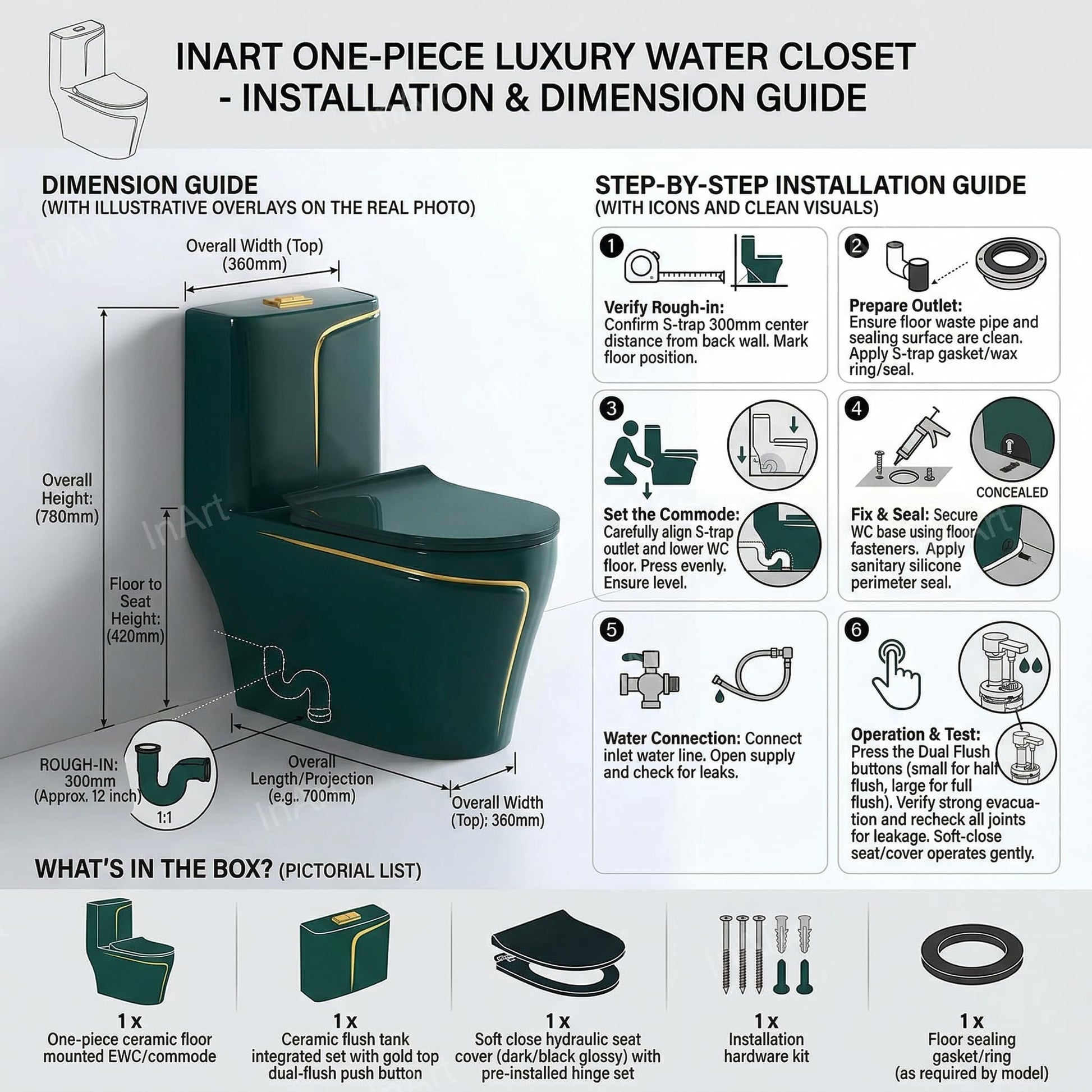 Green European WC bowl elongated design, top view showing oval rim and comfortable floor mounted commode