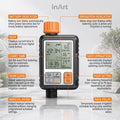 Programmable irrigation tap timer showing screen and control buttons