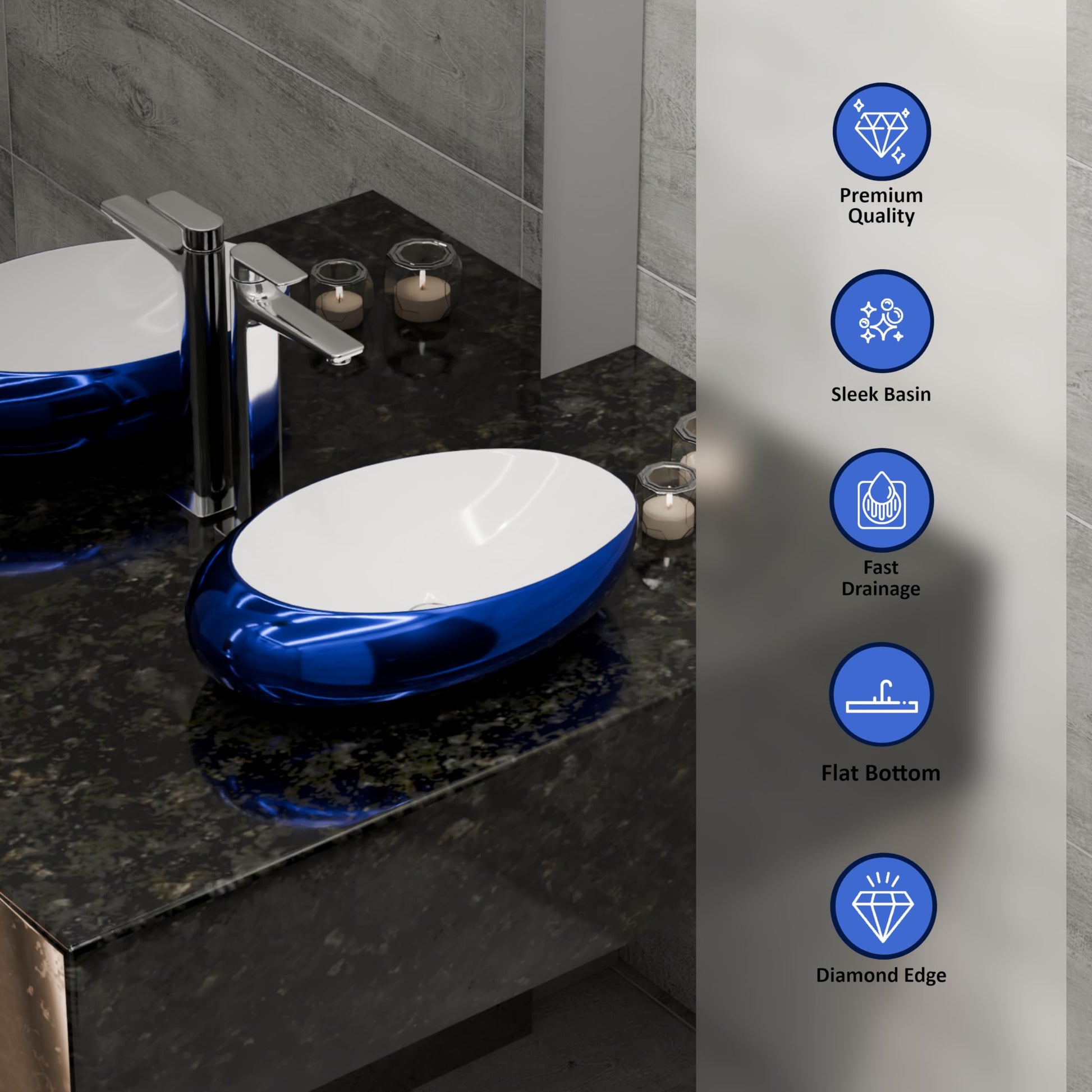 Luxury wash basin in blue ceramic, premium countertop oval basin for modern bathroom