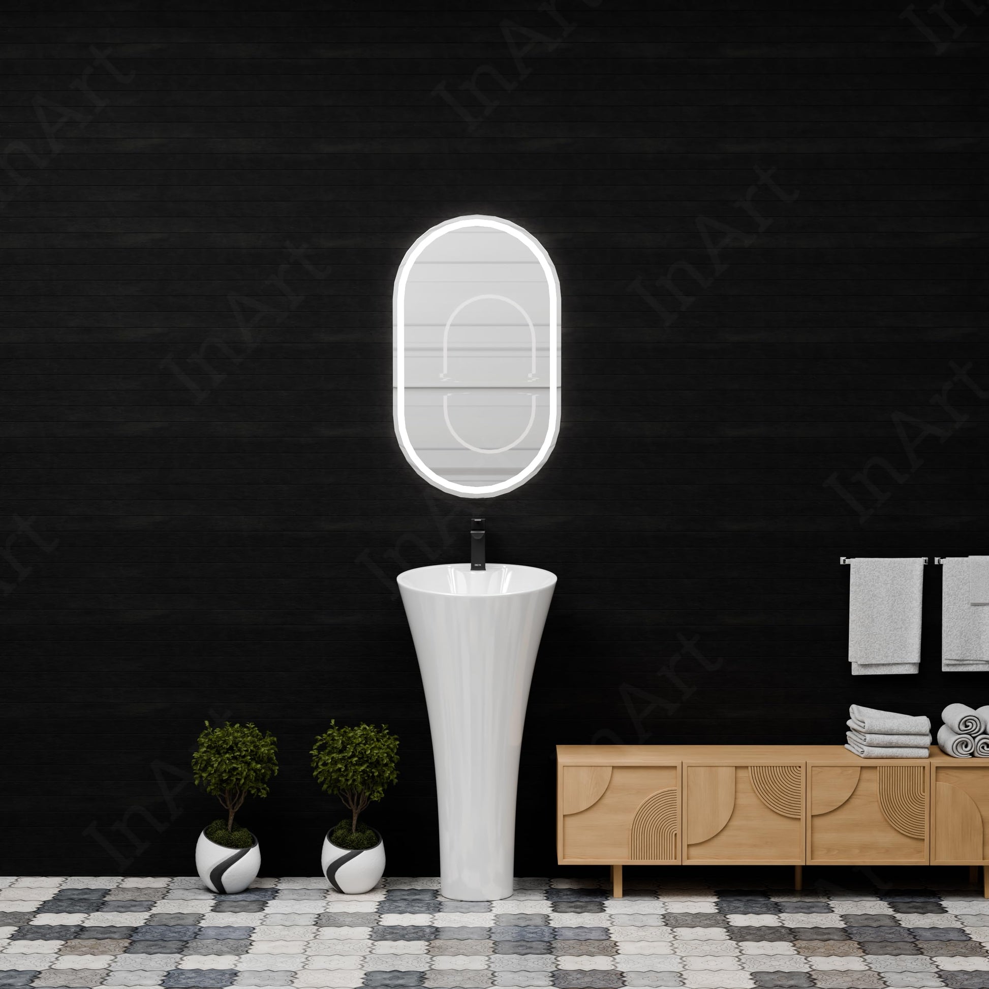 InArt white ceramic pedestal wash basin, freestanding round basin for living room wash area, front height view
