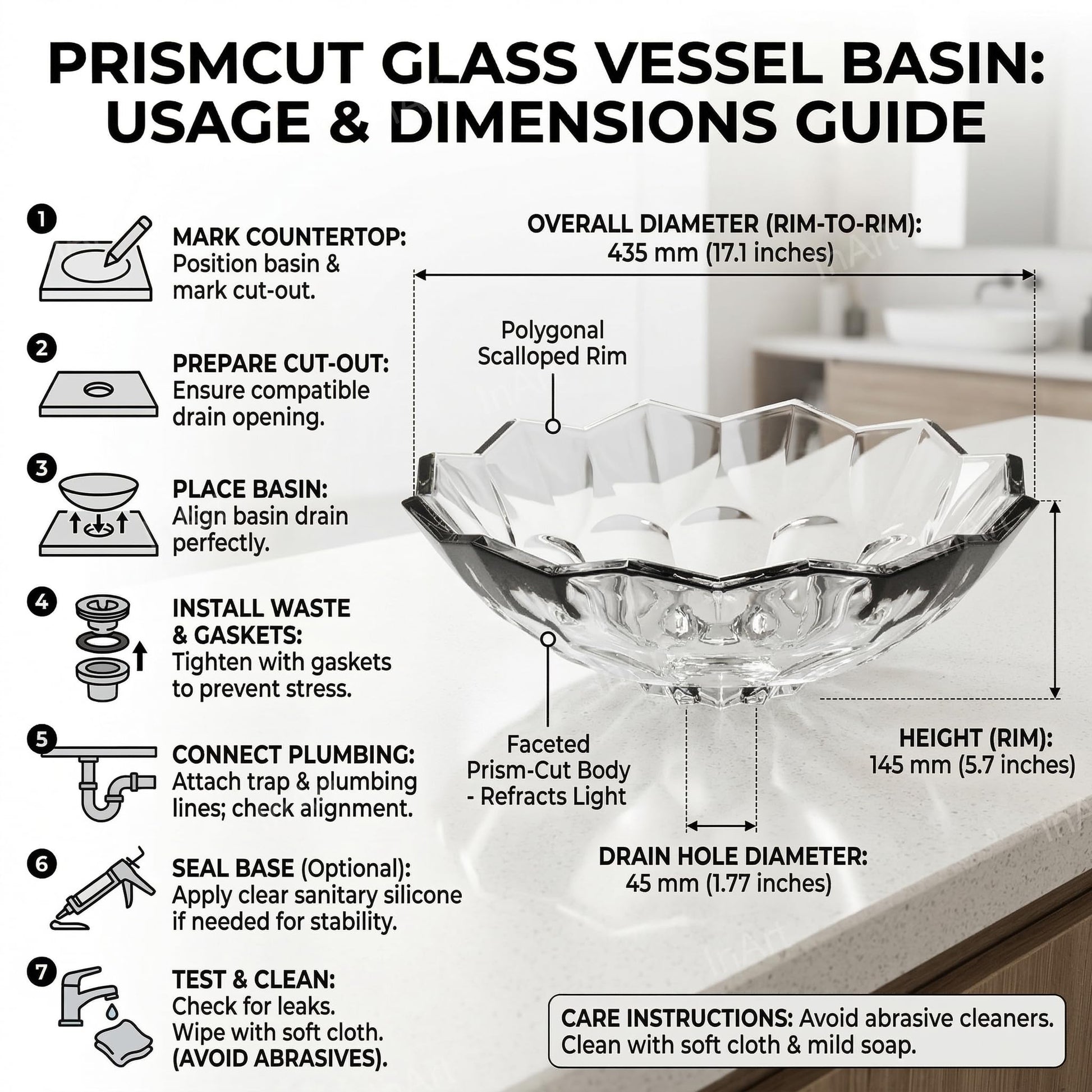 Glass table top wash basin with tap hole view, square transparent wash basin for modern bathroom