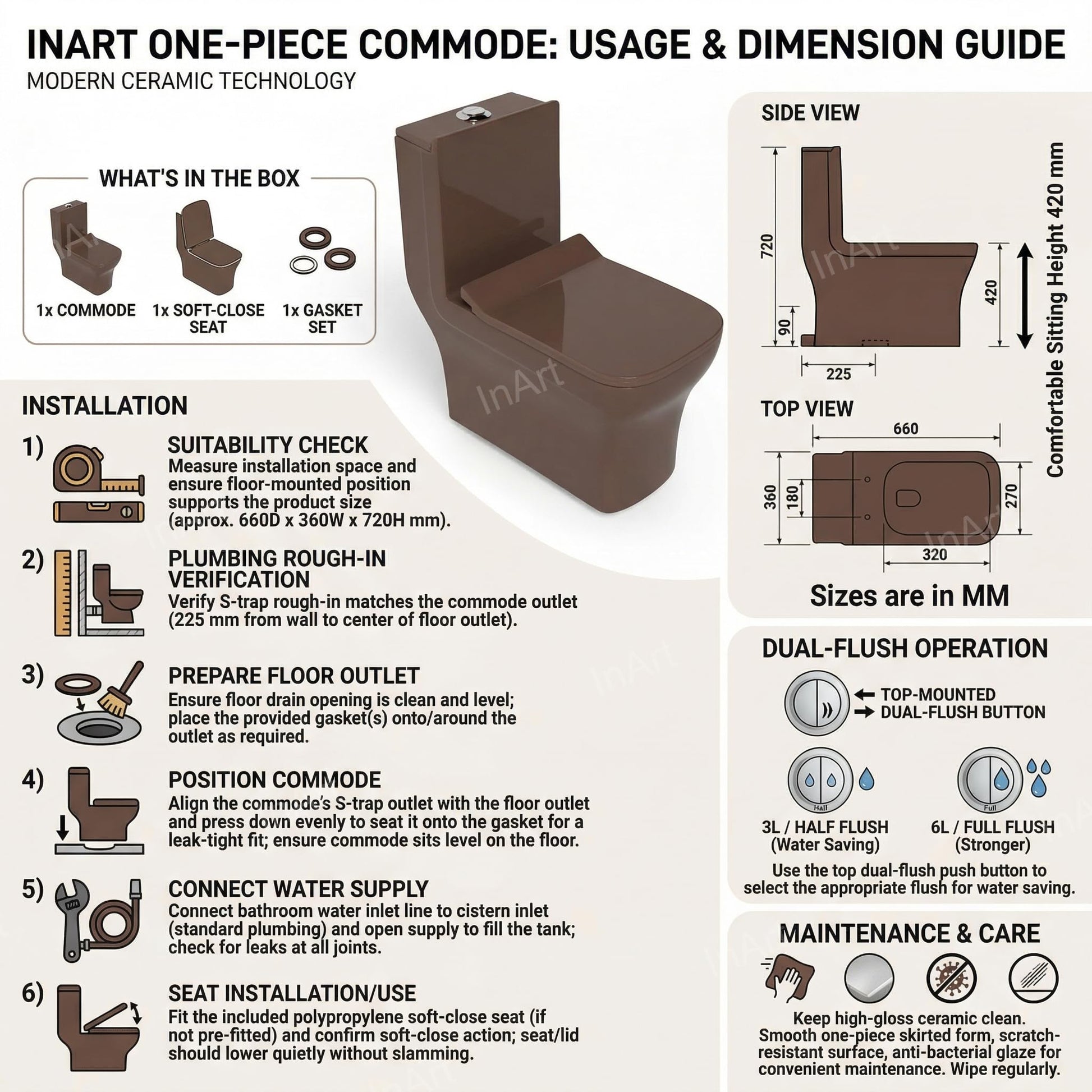 InArt premium sanitaryware one piece closet in brown, rectangular design for Indian washroom