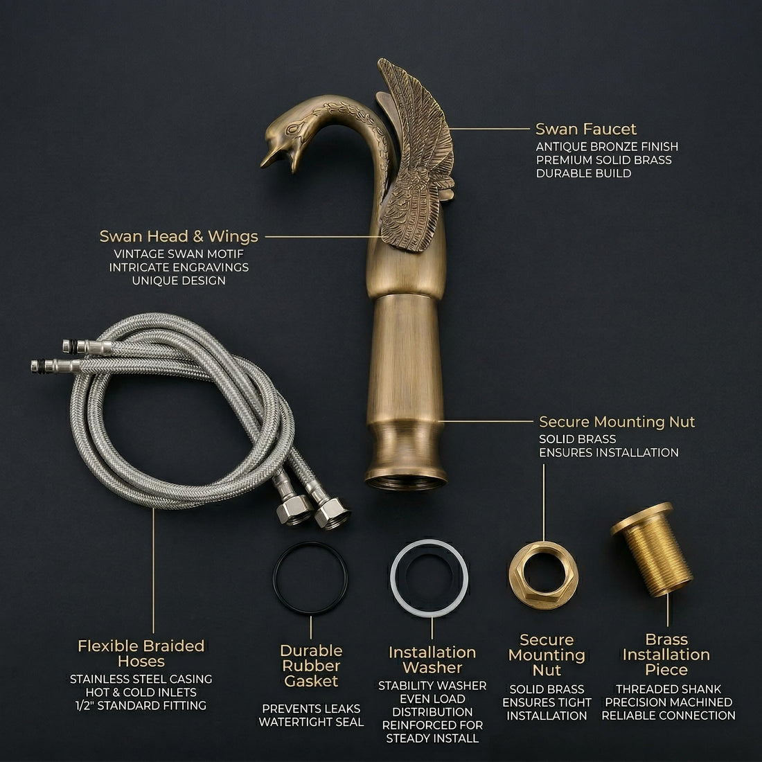 InArt single lever basin mixer in antique brass swan neck, tall body wash basin tap with hot and cold