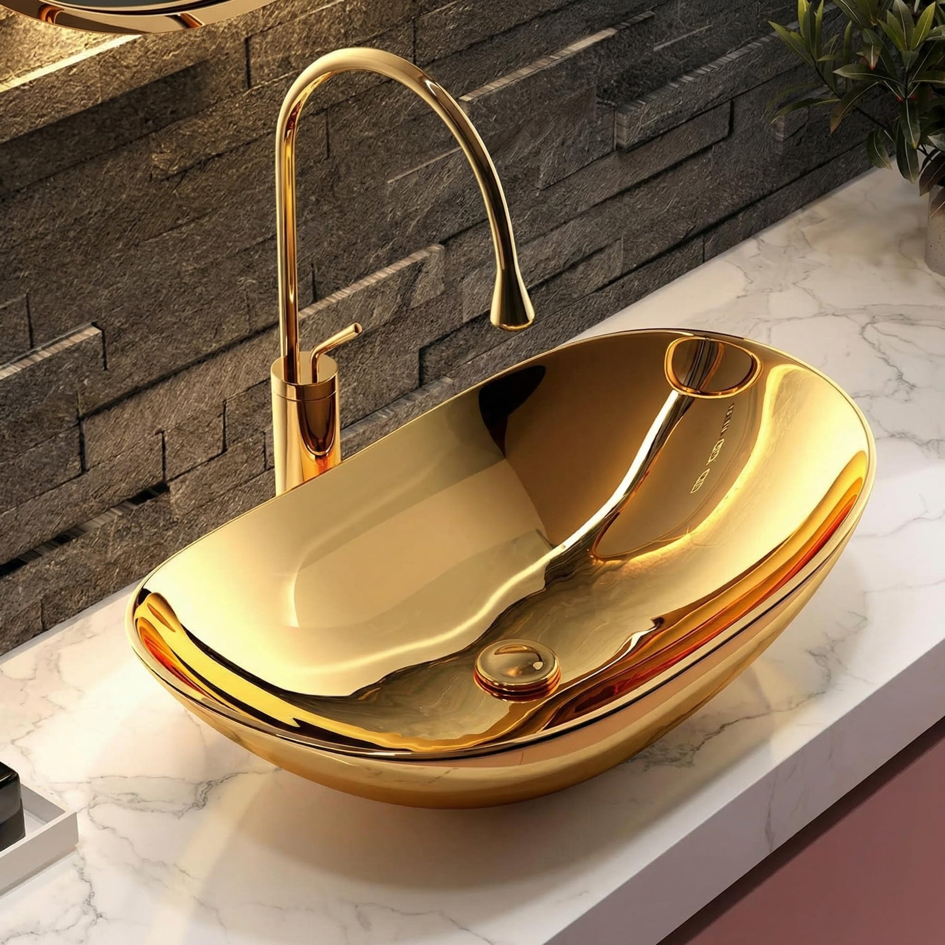 InArt ceramic table top wash basin, oval boat shape, gold finish, above counter bathroom basin