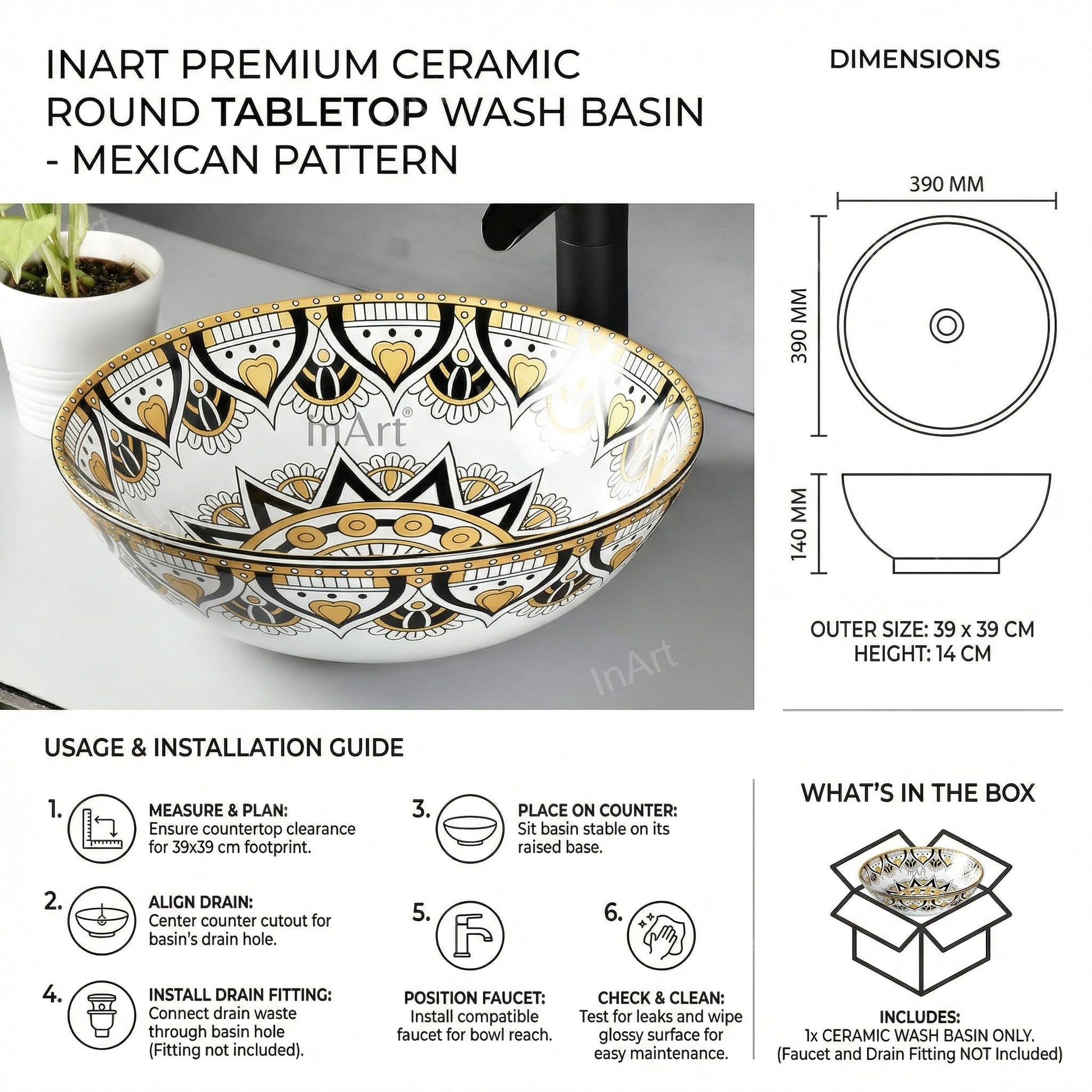 InArt ceramic table top basin for modern washroom, round yellow basin on counter, lifestyle shot