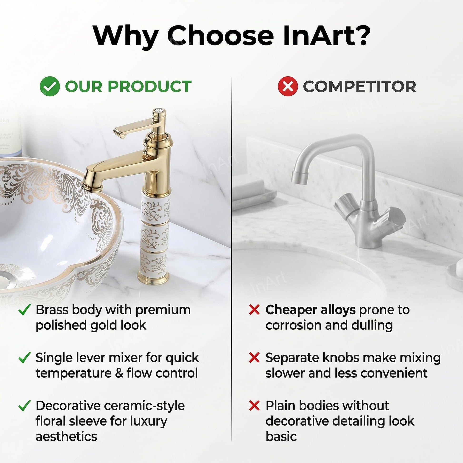 Gold basin taps with single lever bathroom mixer tap design, easy control for hot and cold water