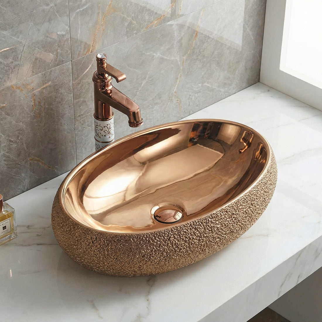 InArt ceramic table top wash basin design, rectangular rose gold polished finish, front view