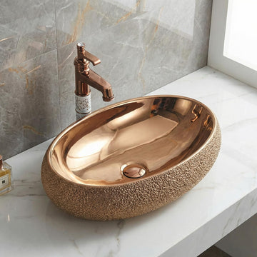 InArt ceramic table top wash basin design, rectangular rose gold polished finish, front view