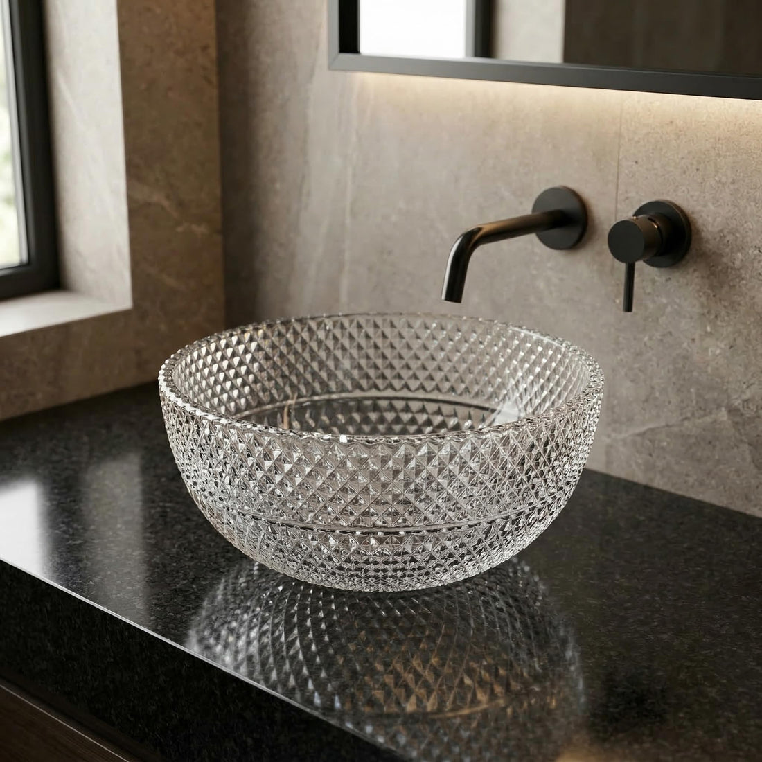 Round clear glass table top wash basin with polished finish, 34x34x17.5 cm
