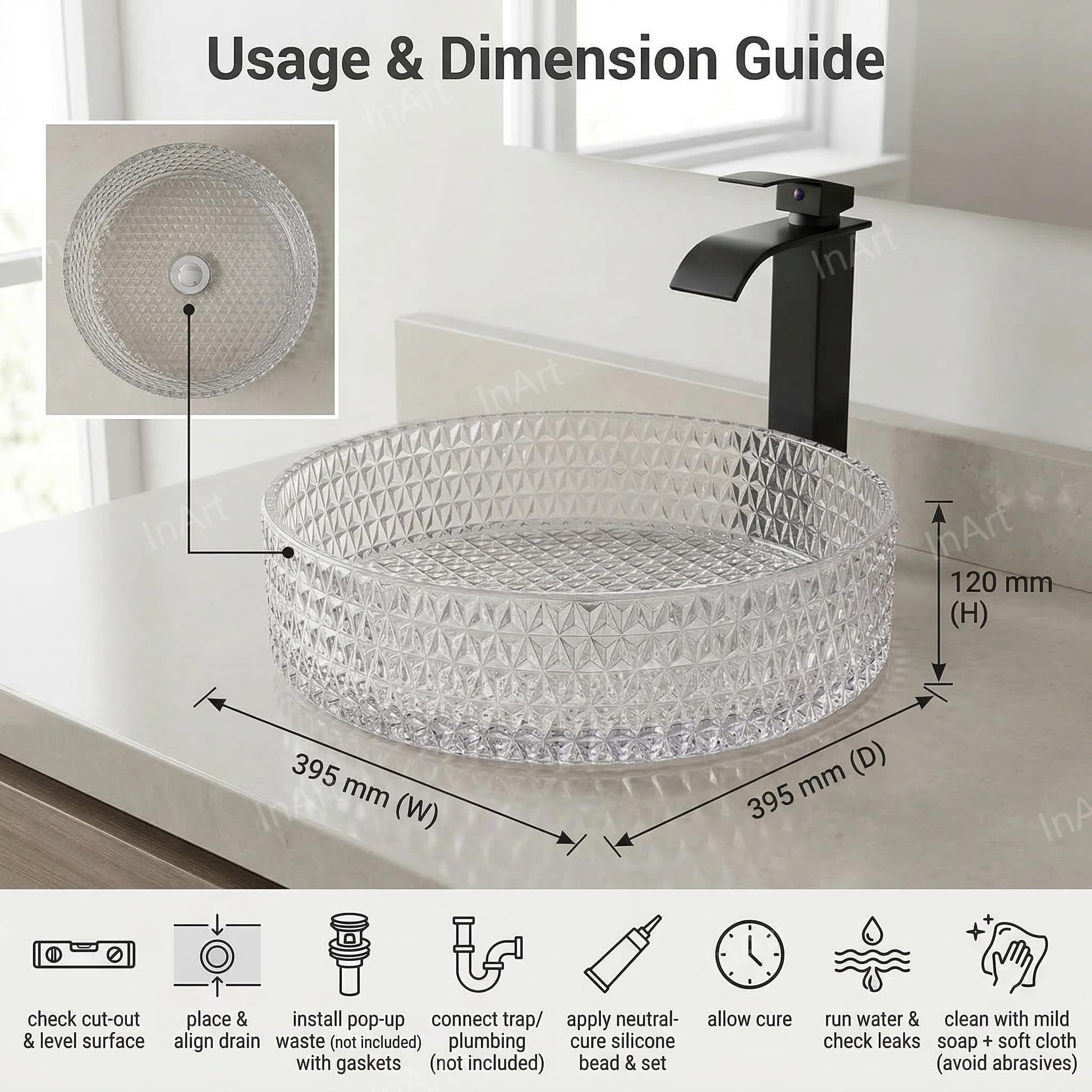 Square glass wash basin online for modern washroom, transparent glossy basin with tap hole detail