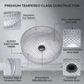 Modern table top wash basin glass design in clear glossy finish, square basin, 3/4 angle view