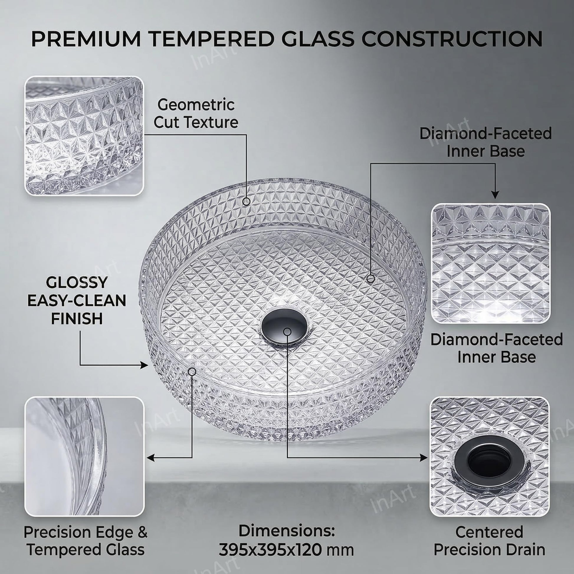 Modern table top wash basin glass design in clear glossy finish, square basin, 3/4 angle view