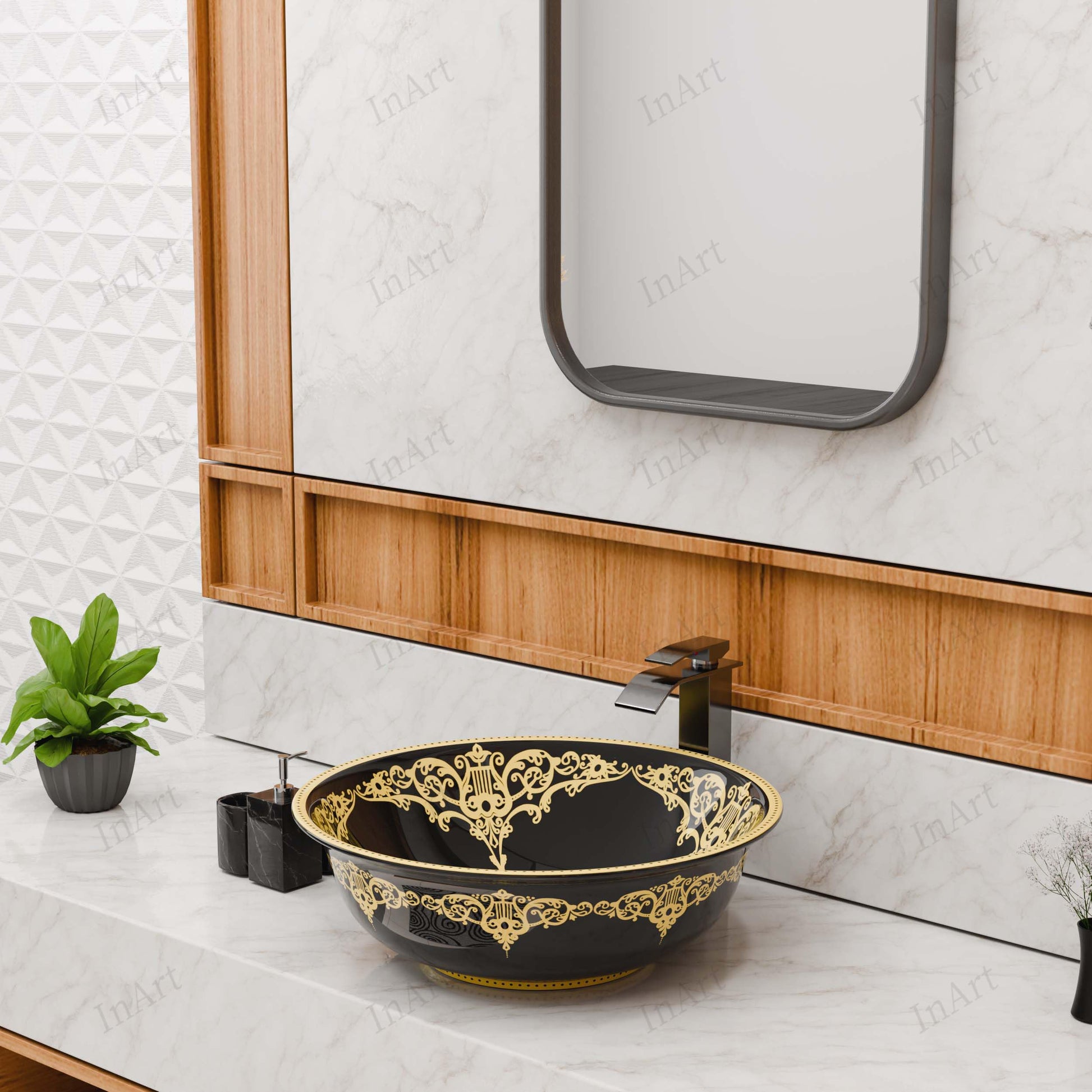 Unique small bathroom sinks option, InArt black gold ceramic round table top wash basin 42 cm