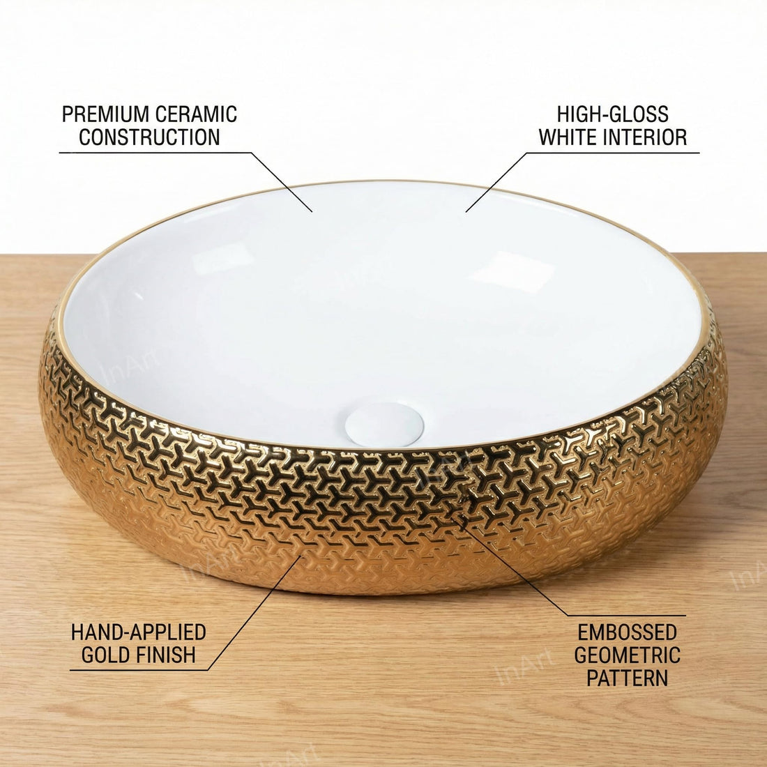 InArt gold wash basin, glossy ceramic round table top basin for luxury bathroom, front view