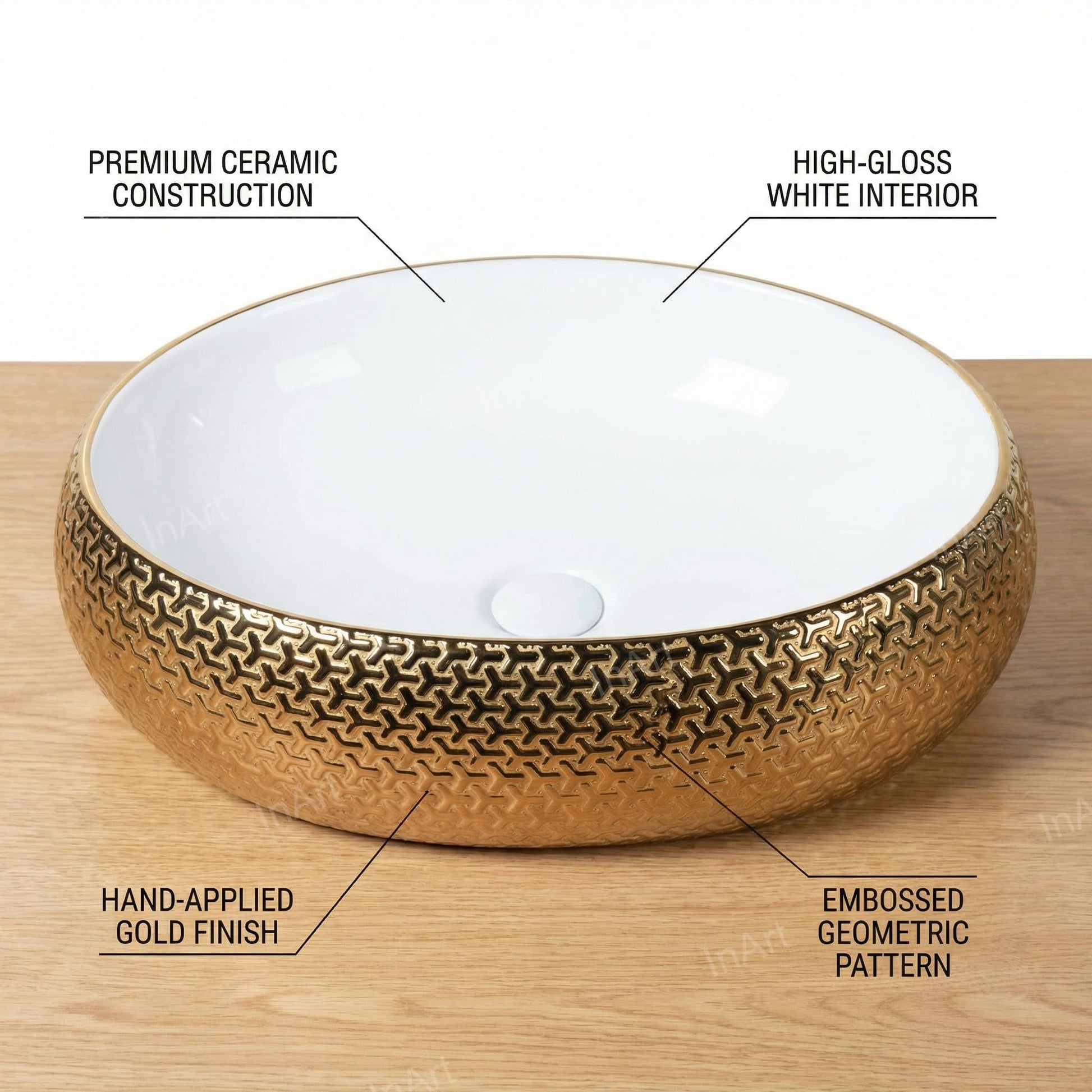Glossy gold ceramic table top wash basin, round bowl design, side angle for modern washroom