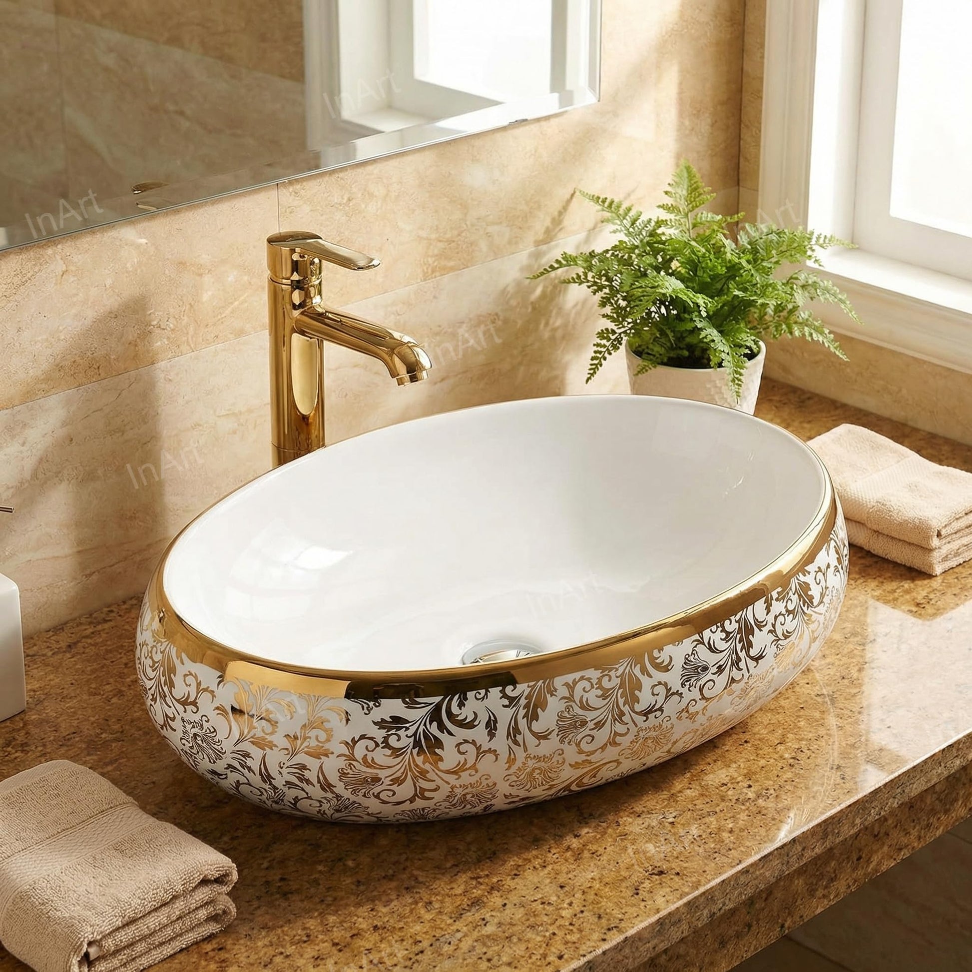 Close-up of golden rim on glossy white ceramic designer wash basin, premium finish detail