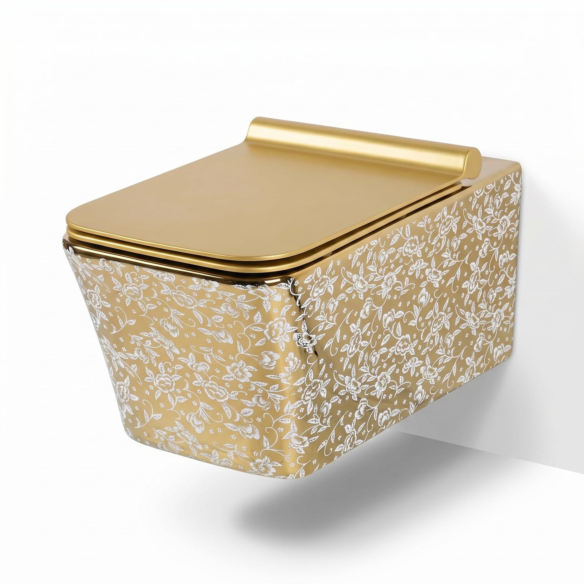 Designer wall mounted WC for modern washroom, glossy white square ceramic commode with gold leaf pattern finish