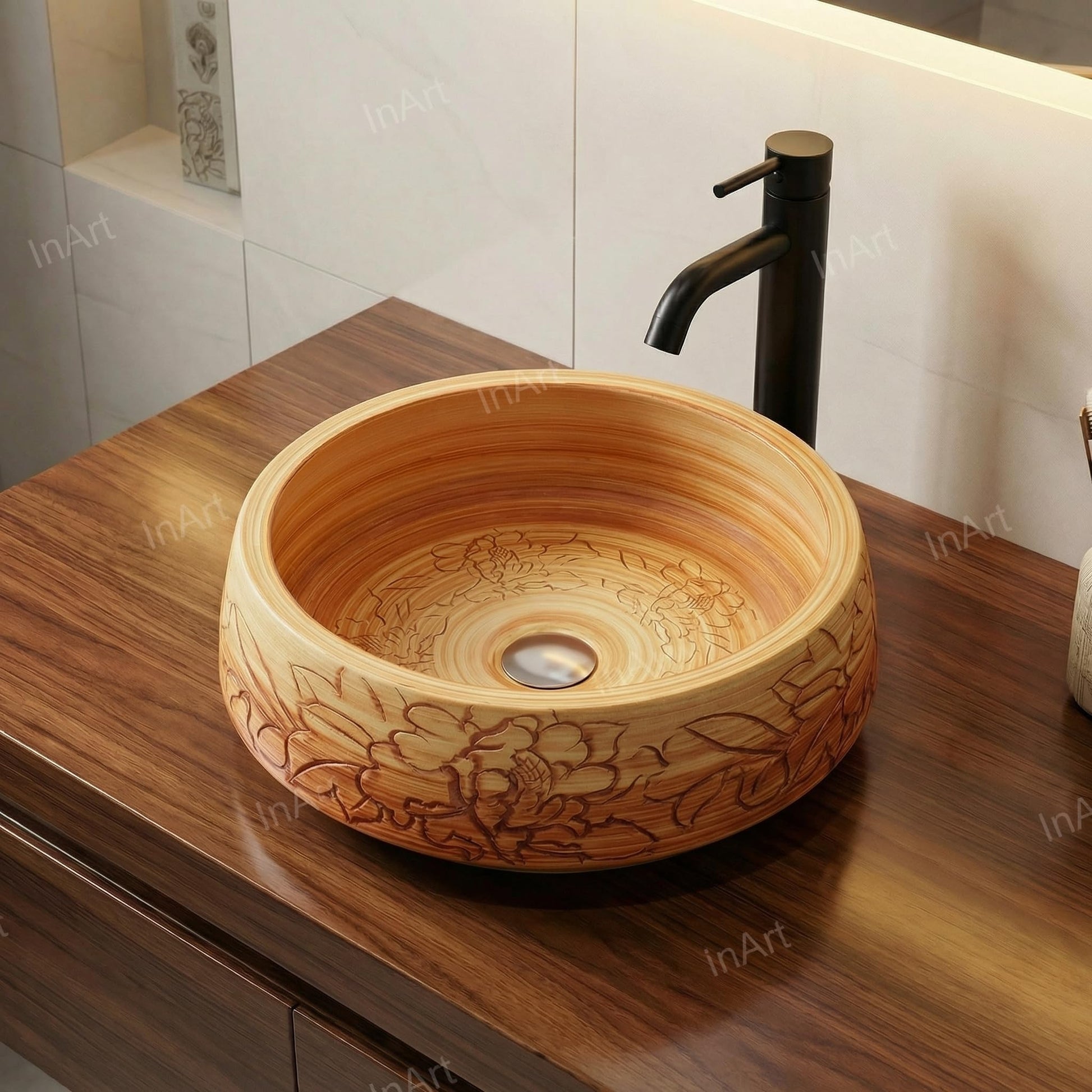 Ceramic table top wash basin with wood finish look, square counter basin for bathroom vanity top