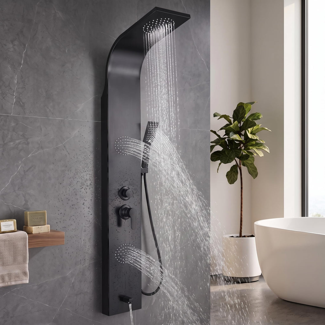 InArt black shower panel in 304 stainless steel, rectangular matte black shower system front view