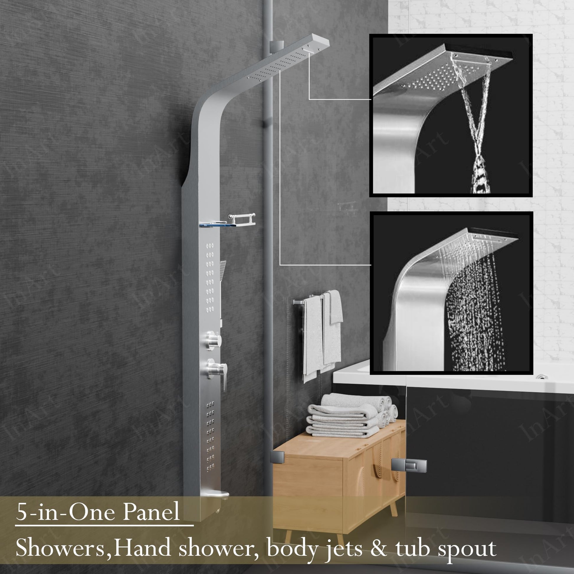 InArt shower panel with mixer and diverter, close-up of brushed chrome controls and temperature selector