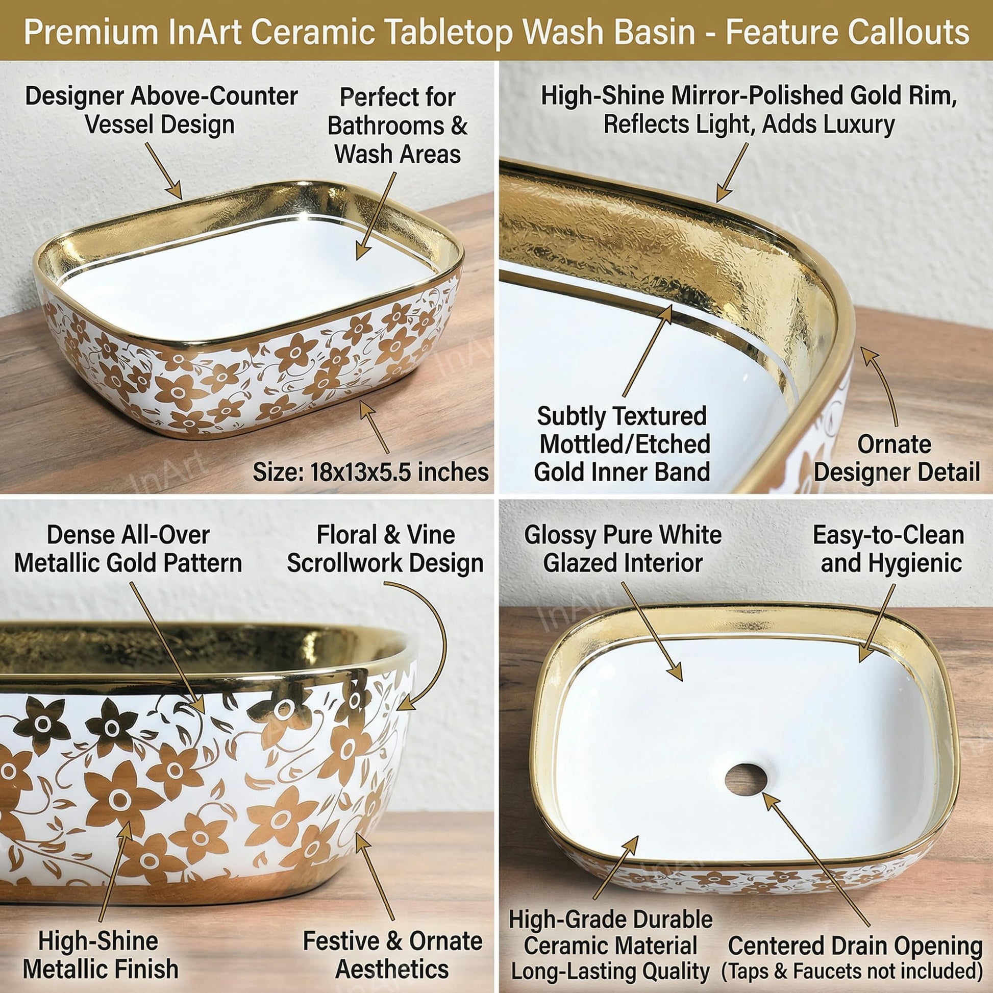 Counter top wash basin in oval ceramic, white with gold finish, side angle for stylish washroom