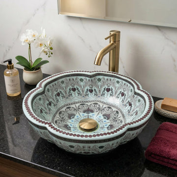 InArt ceramic table top wash basin, round glossy light blue finish, main front view