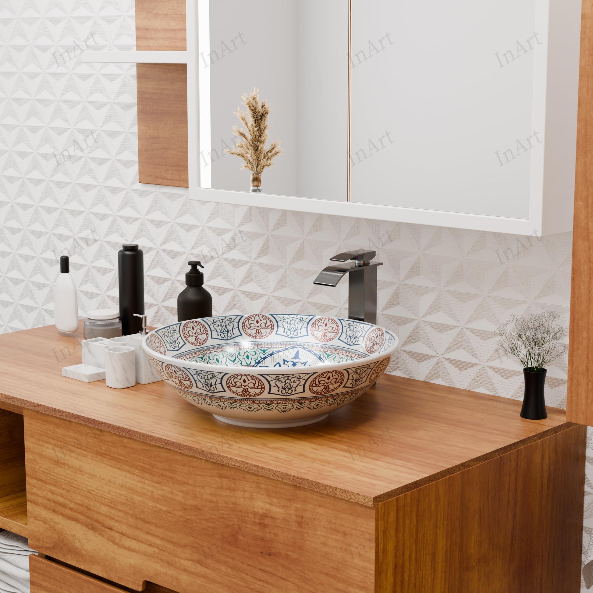 Table top wash basin design for bathroom, square blue glazed ceramic basin, side angle view